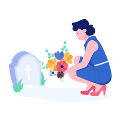 Woman putting memorial flowers on grave, flat illustration  
