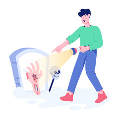 Boy found a spooky grave with zombie hand, flat illustration 