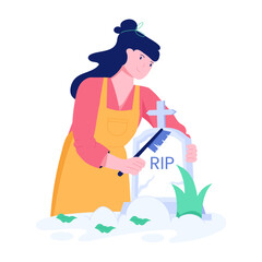 Woman cleaning grave flat illustration 