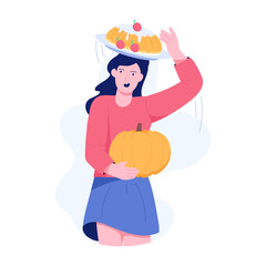 A flat illustration showing girl carrying thanksgiving pie and pumpkin 