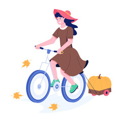 Girl cycling and carrying pumpkin cart, flat illustration 
