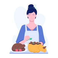 Chef girl preparing pumpkin stuffing, flat illustration 