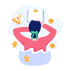 A flat illustration depicting girl reading autumn novel 