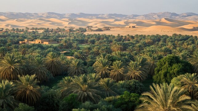 The serene beauty of the Liwa Oasis, with its vast date palm groves, sand dunes, and traditional desert farms.