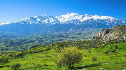 Fototapeta premium The stunning landscape of the Taurus Mountains, with snow-capped peaks and green valleys under a clear sky.