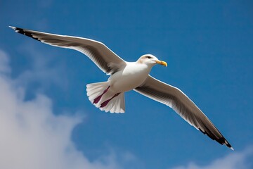 Obraz premium Graceful Seagull Soaring Through Vibrant Blue Sky