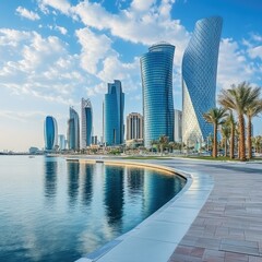 Naklejka premium The stunning skyline of Lusail City with its modern buildings and infrastructure. ar
