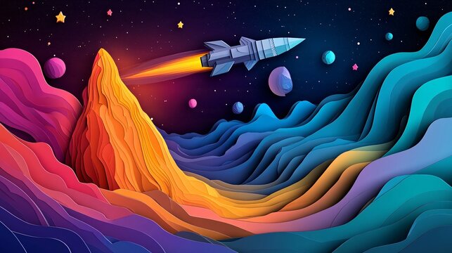 Cosmic Papercraft: A rocket blasts off into a vibrant, layered, and textured papercraft universe,  surrounded by stars, planets, and a towering mountain range.  The image is a mesmerizing blend of ima