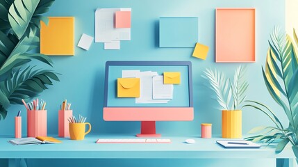 Creative Paper Art Illustration of Remote Work Home Office Setup with Computer, Documents, and Coffee Mug, Minimalistic Design with Copy Space