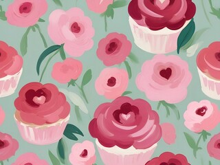 pattern flowers roses painted with paints and strokes pink, AI generated