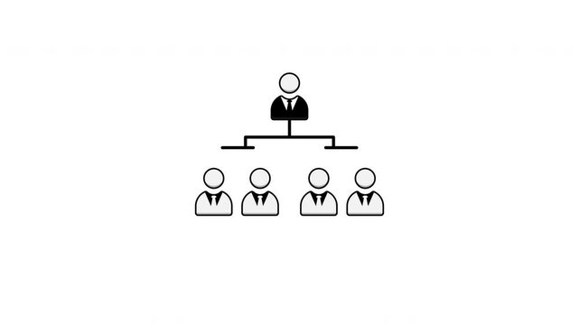 Animated of Organizational chart displaying one boss overseeing four employees. Ideal for presentations, business reports, HR materials, team structure visuals. 4k Alpha channel