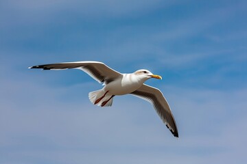 Obraz premium Graceful Seagull Soaring Under Clear Blue Sky