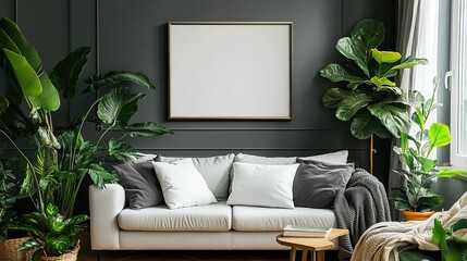 Chic living room interior with a comfortable sofa, blank picture frames on the gray wall and decorated with fresh green house plants. Natural light comes in from the glass window.