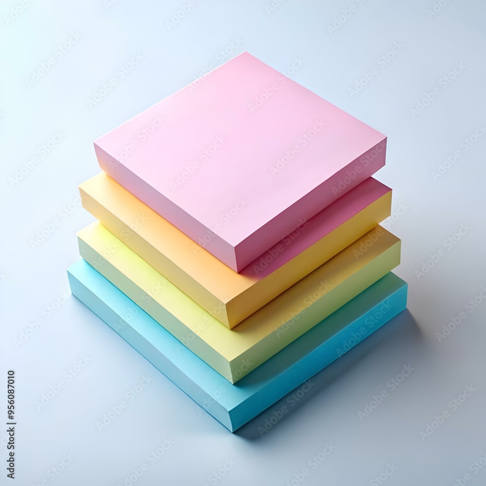 Poster a stack of four brightly colored sticky notes. arranged in a rainbow pattern.
