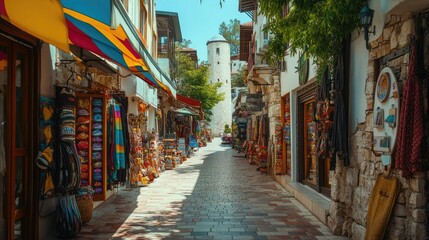 Fototapeta premium The vibrant streets of Antalya's old town, with historic buildings and colorful shops.