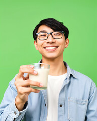 Portrait young man holding glass of milk happy smiling