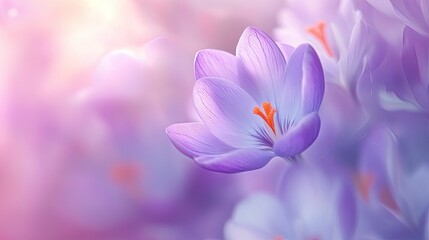 Fototapeta premium Top view of a purple crocus flower in full bloom, with a soft focus effect creating a dreamy, ethereal background.