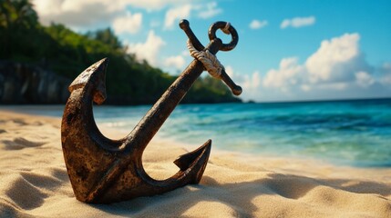 A rusty old anchor on the sand of an exotic beach, with the sea in the background.