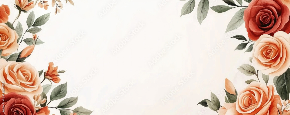 Poster a white background with a red and orange flower border. the flowers are roses and they are arranged 