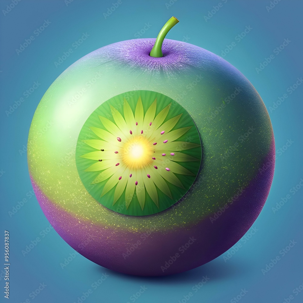 Aufkleber a 3d illustration of a unique. stylized fruit with a kiwi slice embedded in its surface.
