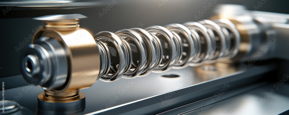 Poster a close up of a machine with a spring and a ball bearing. the spring is made of metal and is in the 