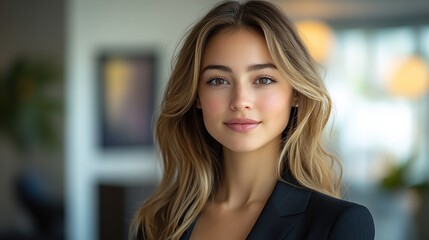 Beautiful and confident young female office worker wearing a suit and standing in the office looking at the camera