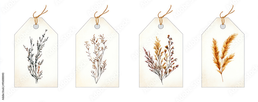 Poster four tags with flowers on them. the tags are hanging from a string. the tags are all different sizes