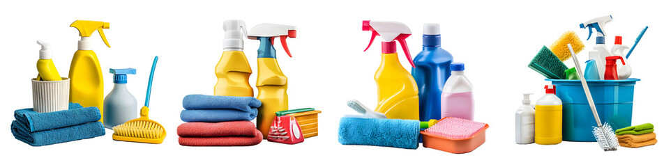 cleaning supplies isolated on a transparent PNG background, white background , cut out, clipping path, Generative Ai