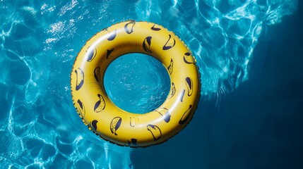 Top view of banana patterned inflatable ring toy in pool water.