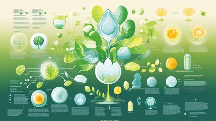 A detailed infographic about the process of photosynthesis, featuring diagrams and illustrations of plant cells and energy conversion.