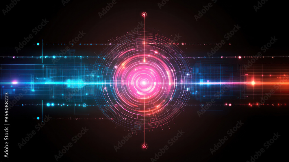 Poster a colorful, abstract design with a red circle in the center. the design is made up of many small dot