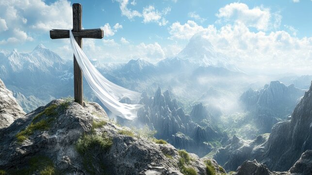 Windswept mountain peak with a wooden cross and white satin scarf, overlooking a panoramic view of jagged rocky peaks.