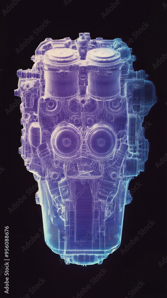 Poster a futuristic looking object with a purple and blue color scheme. the object is a machine with a lot 