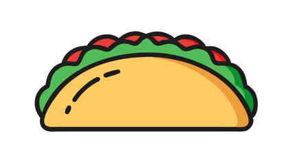 A colorful illustration of a taco filled with lettuce and tomatoes, featuring a golden-yellow corn shell in a minimalistic design