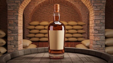 a bottle of whiskey on a keg in the basement