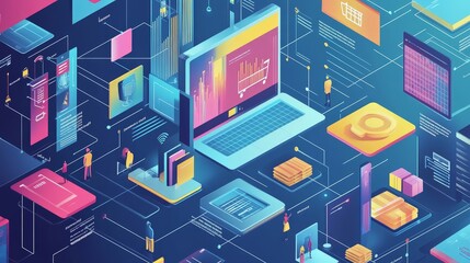 Fototapeta premium A dynamic infographic about the rise of e-commerce, with visuals of online shopping trends, statistics, and market growth.