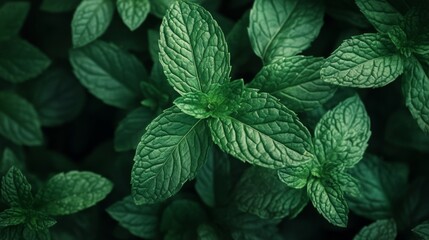 Close-up photograph of fresh green mint leaves, top view, garden background