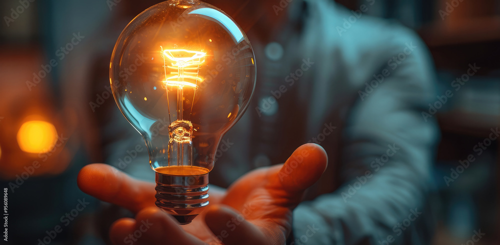 Aufkleber Close up of a businessman holding a lit lightbulb with blurred background as a concept of a business idea. focus hand. Generative AI.