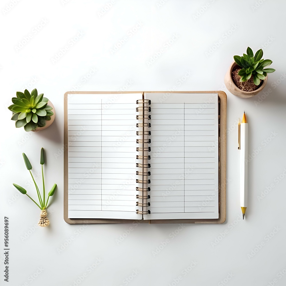 Poster a minimalist flat lay featuring an open notebook with lined pages. a pencil. and small potted succul