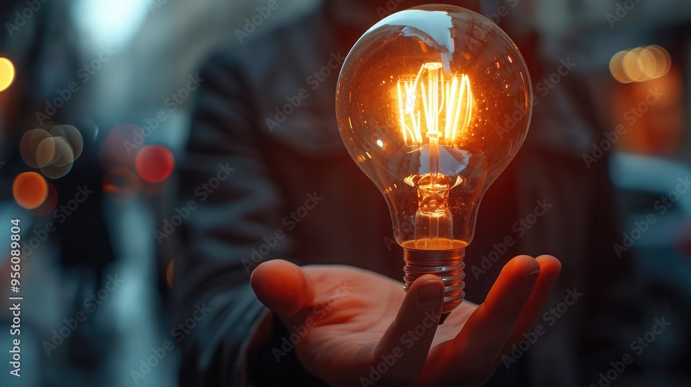 Poster close up of a businessman holding a lit lightbulb with blurred background as a concept of a business