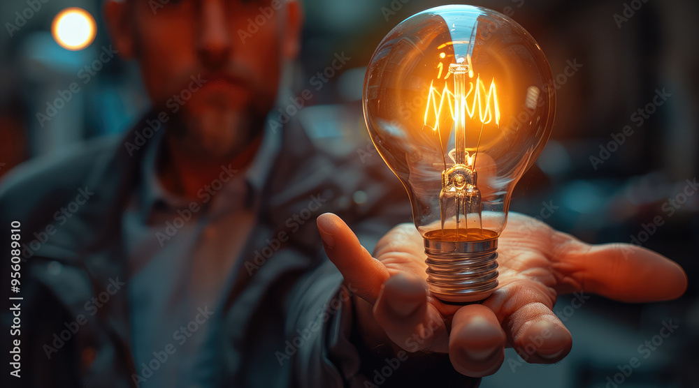 Poster Close up of a businessman holding a lit lightbulb with blurred background as a concept of a business idea. focus hand. Generative AI.