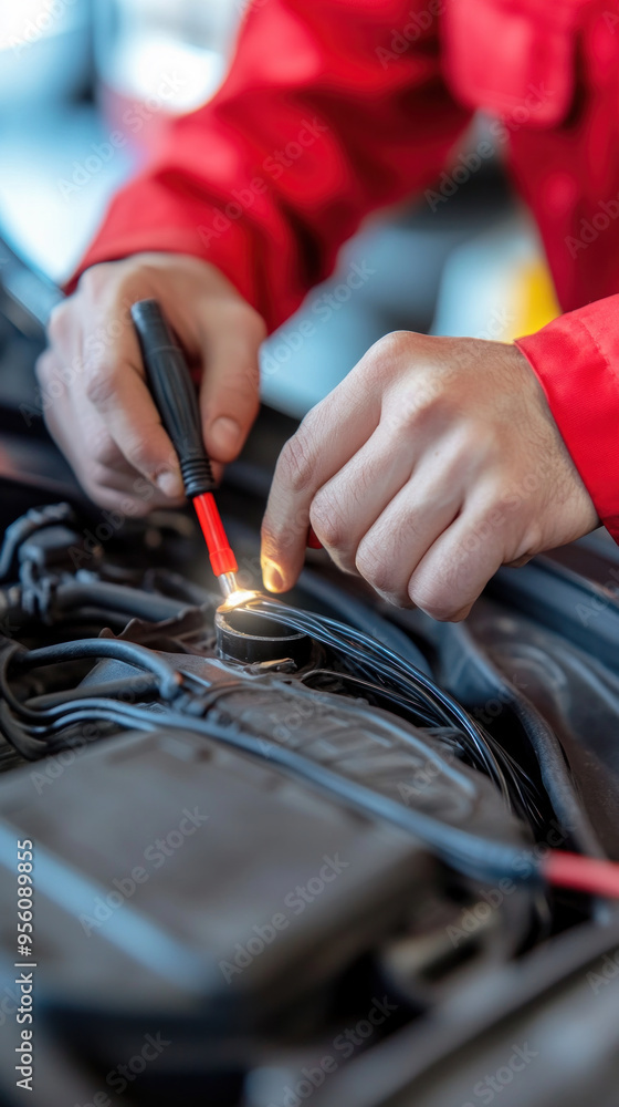 Poster a mechanic is working on a car engine, using a multimeter to check the voltage. concept of focus and