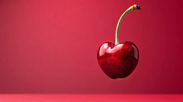 Vibrant red cherry floating against a matching red background