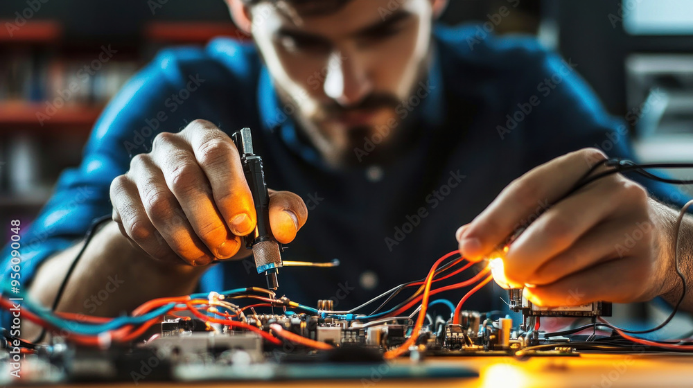 Poster a man is working on a circuit board, fixing a broken wire. concept of focus and determination as the