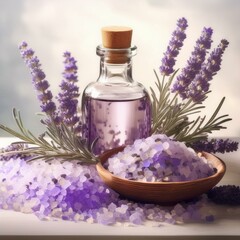 lavender bath salt and soap,Sea salt, flowers and bottle of lavender essential oil on light...