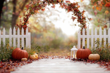 pumpkins and leaves archway with lantern, fall background for photography backdrop