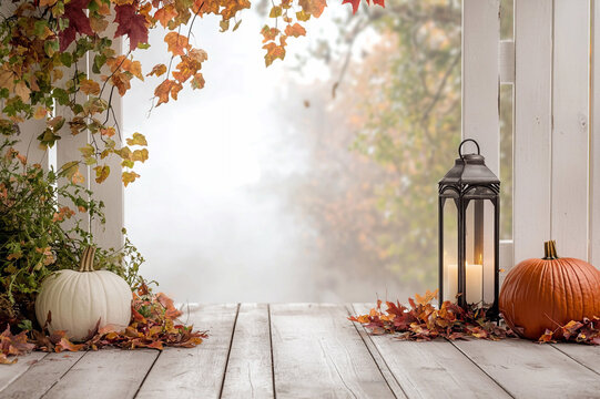 pumpkins and leaves archway with lantern, fall background for photography backdrop