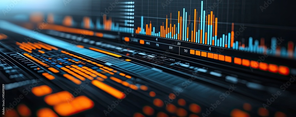 Poster vibrant data visualization on a digital screen, showcasing colorful graphs and charts for analytical