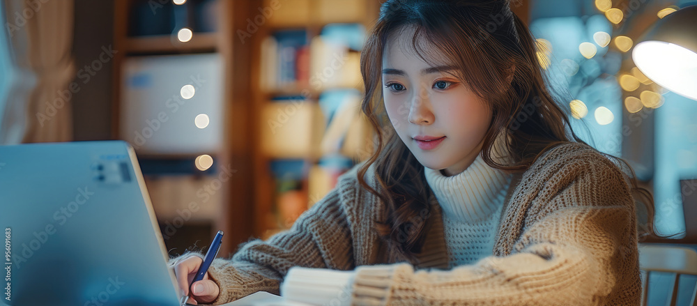 Leinwandbilder a chinese female student is studying and taking notes on a study desk. there is a laptop playing a s