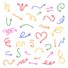 Chalk scribble arrows set. Collection of handdrawn crayon line elements.